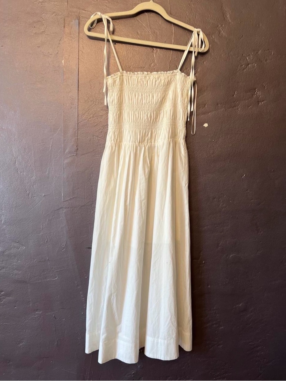 Smocked Bodice White Midi Dress with Tie Straps